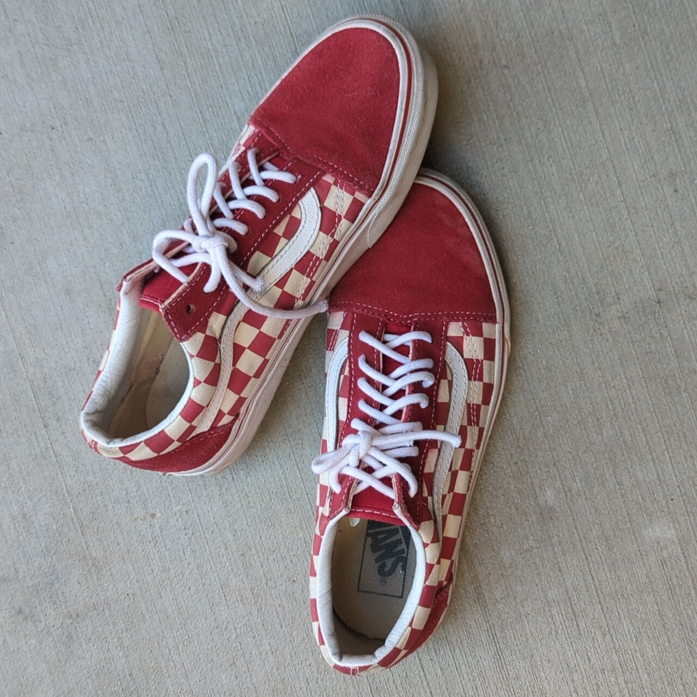 VANS Off the Wall Old Skool Checkered Suede Canvas Mens Red Sneakers 6.5